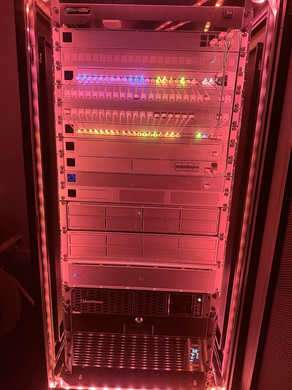 Kenlane Campus equipment rack with UniFi networking, patch panels, storage, and backup power under red rack lighting